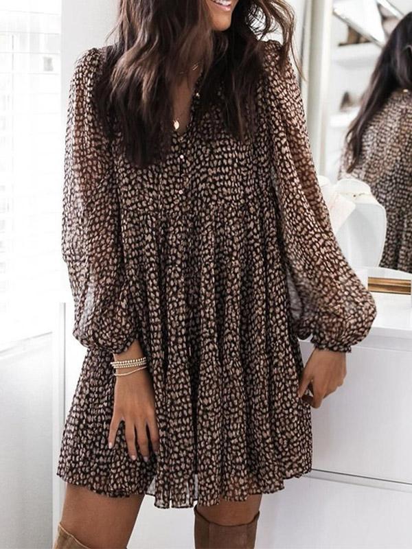 Long Sleeves Loose Buttoned Leopard Pleated V-Neck Mini Dresses Product Image