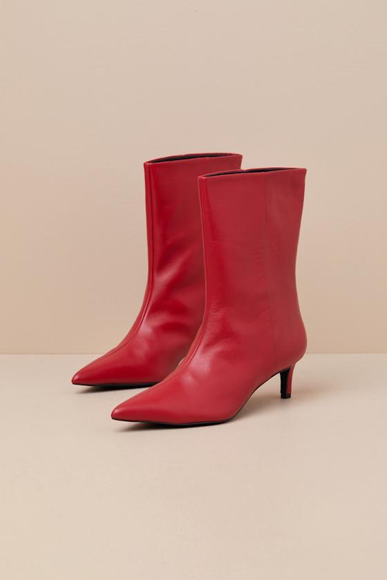 Game Changer Red Leather Pointed-Toe Mid-Calf Boots Product Image