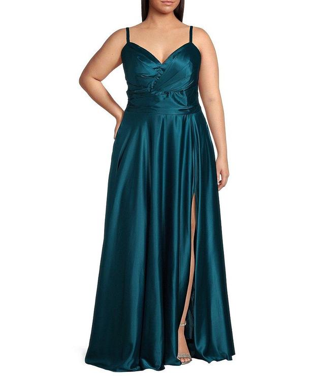 B. Darlin Plus Spaghetti Strap V-Neck Dull Charmeuse Long Gown Product Image