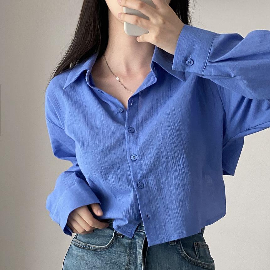 Long-Sleeve Plain Crop Shirt Product Image