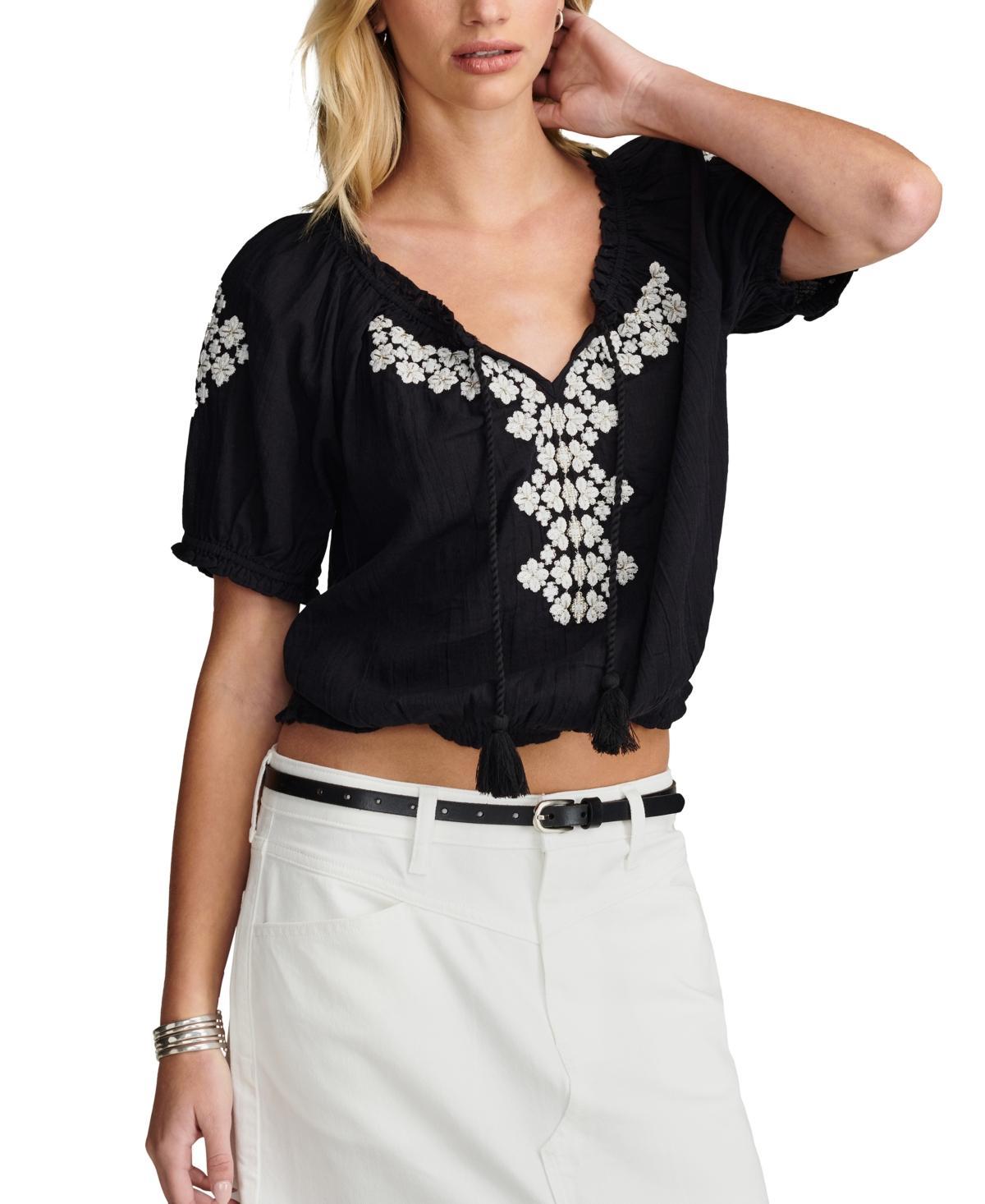 Lucky Brand Short Sleeve Geo Embroidered Peasant Top - Womens Clothing Peasant Tops Shirts Product Image