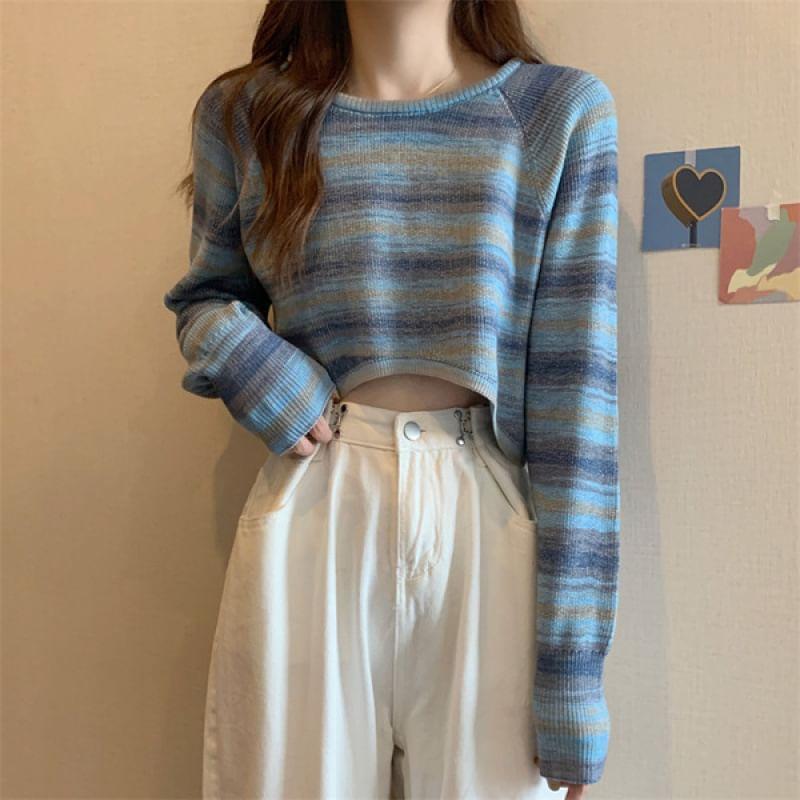 Round Neck Striped Asymmetrical Cropped Sweater Product Image