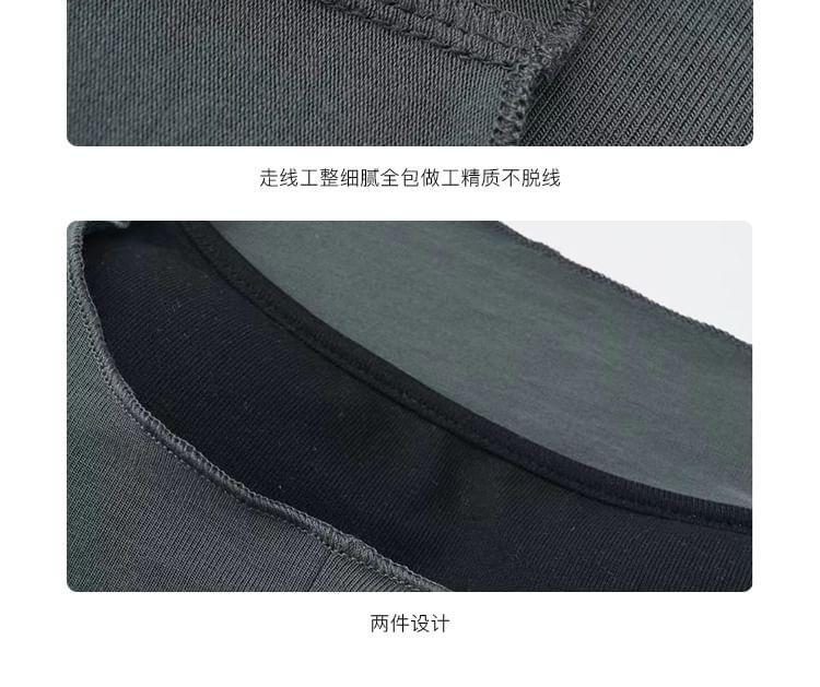 Set: Long-Sleeve Scoop Neck Plain T-Shirt + Sports Bra Top Product Image