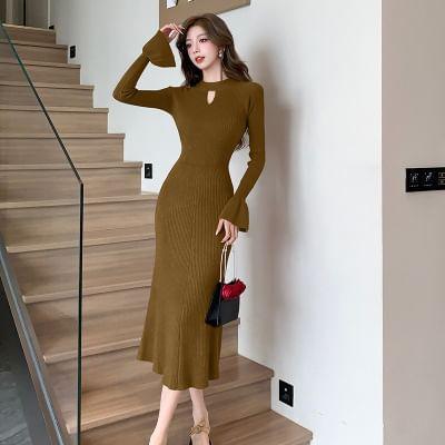 Long-Sleeve Round Neck Plain Cutout Ribbed Midi Sheath Knit Dress Product Image