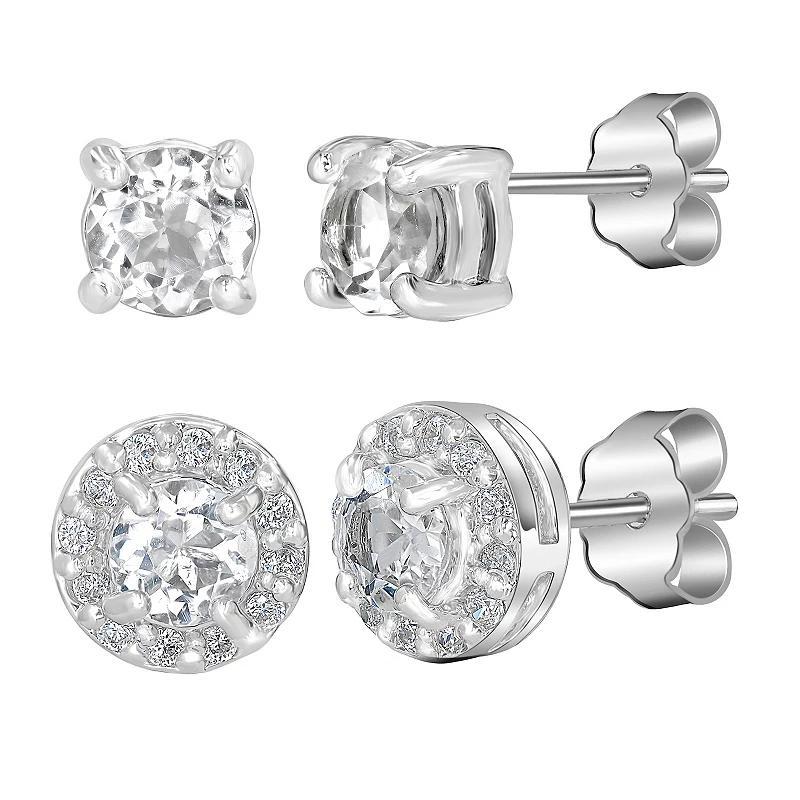 Gemistry Sterling Silver Stone Stud Halo Duo Set, Womens, White Topaz Product Image