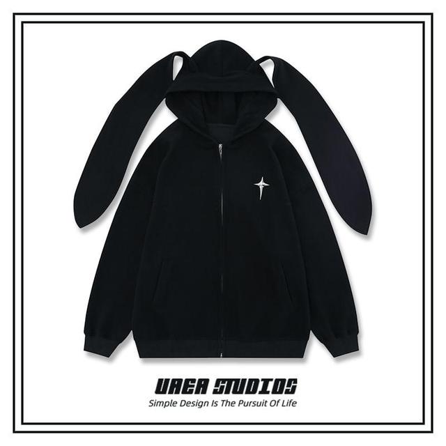 Couple Matching Plain Rabbit Ear Zip Hoodie Product Image