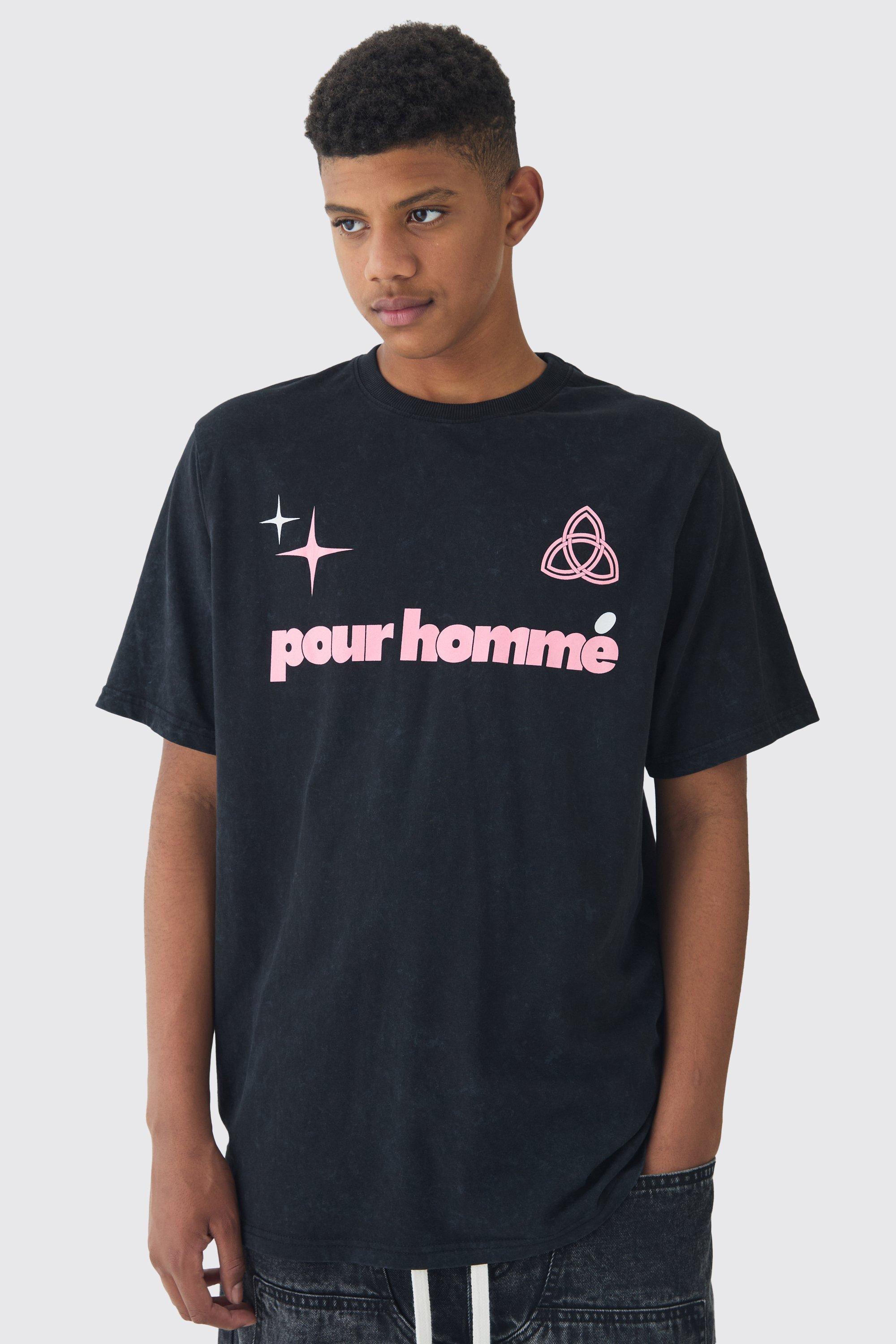 Tall Pour Homme Graphic Washed T-shirt in Black | boohooMAN USA Product Image