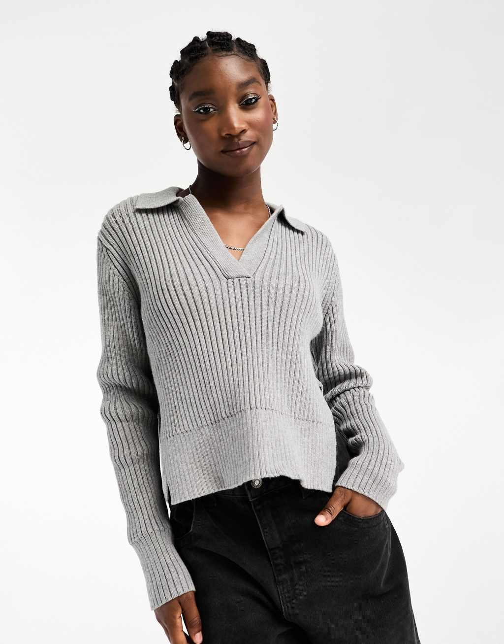 Weekday Halima open neck knit sweater in gray melange Product Image