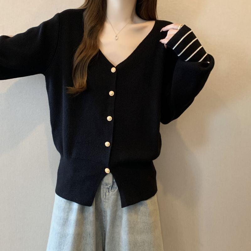 Set: V-Neck Striped Trim Button-Up Cardigan + Knit Shawl Product Image