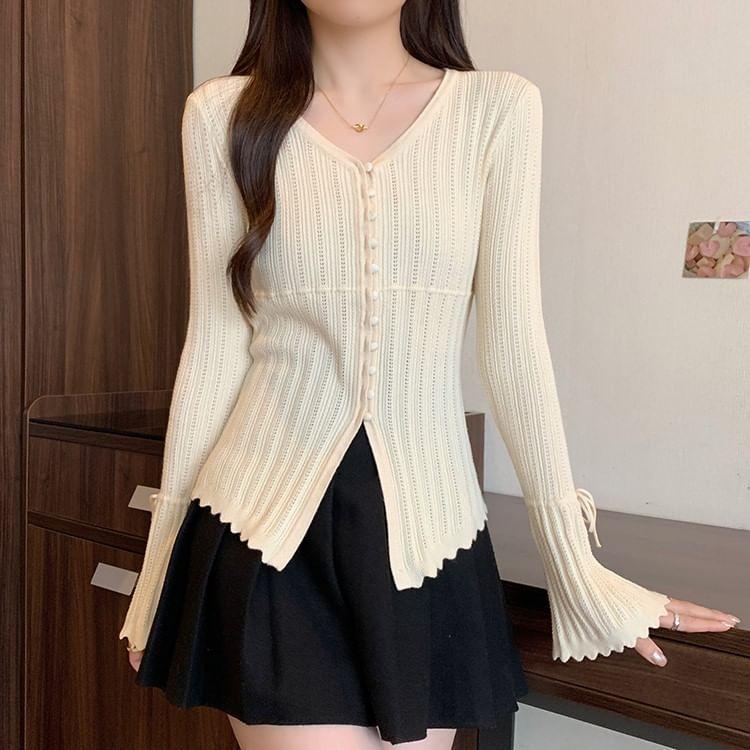 Long-Sleeve V-Neck Plain Pointelle Button Knit Top Product Image