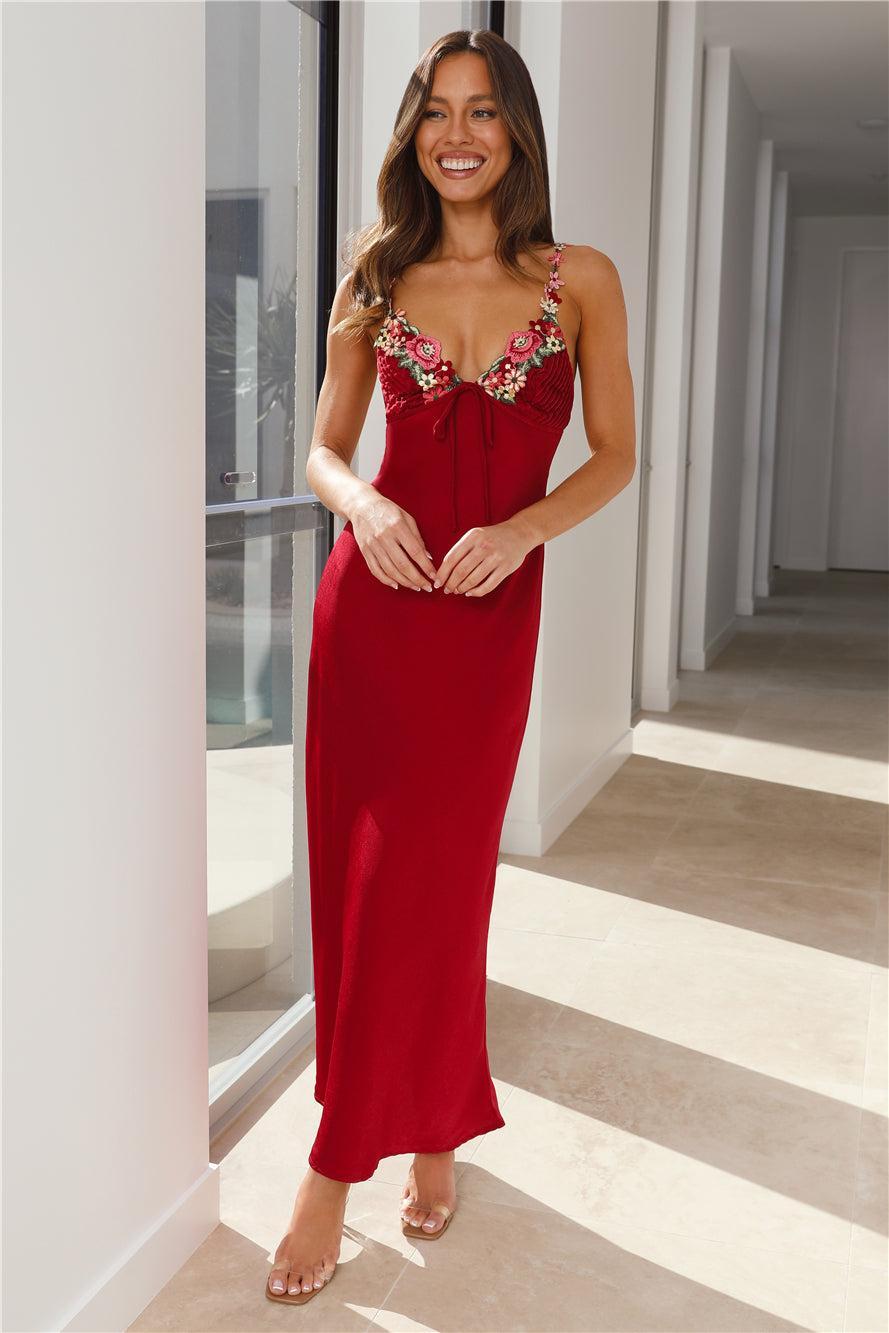 Flower Passion Satin Maxi Dress Red Product Image