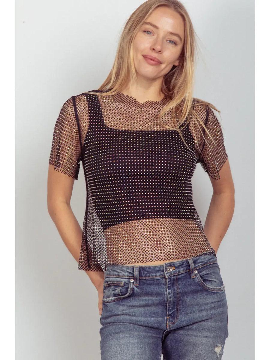 Jewel Fishnet Crochet Knit Top Product Image