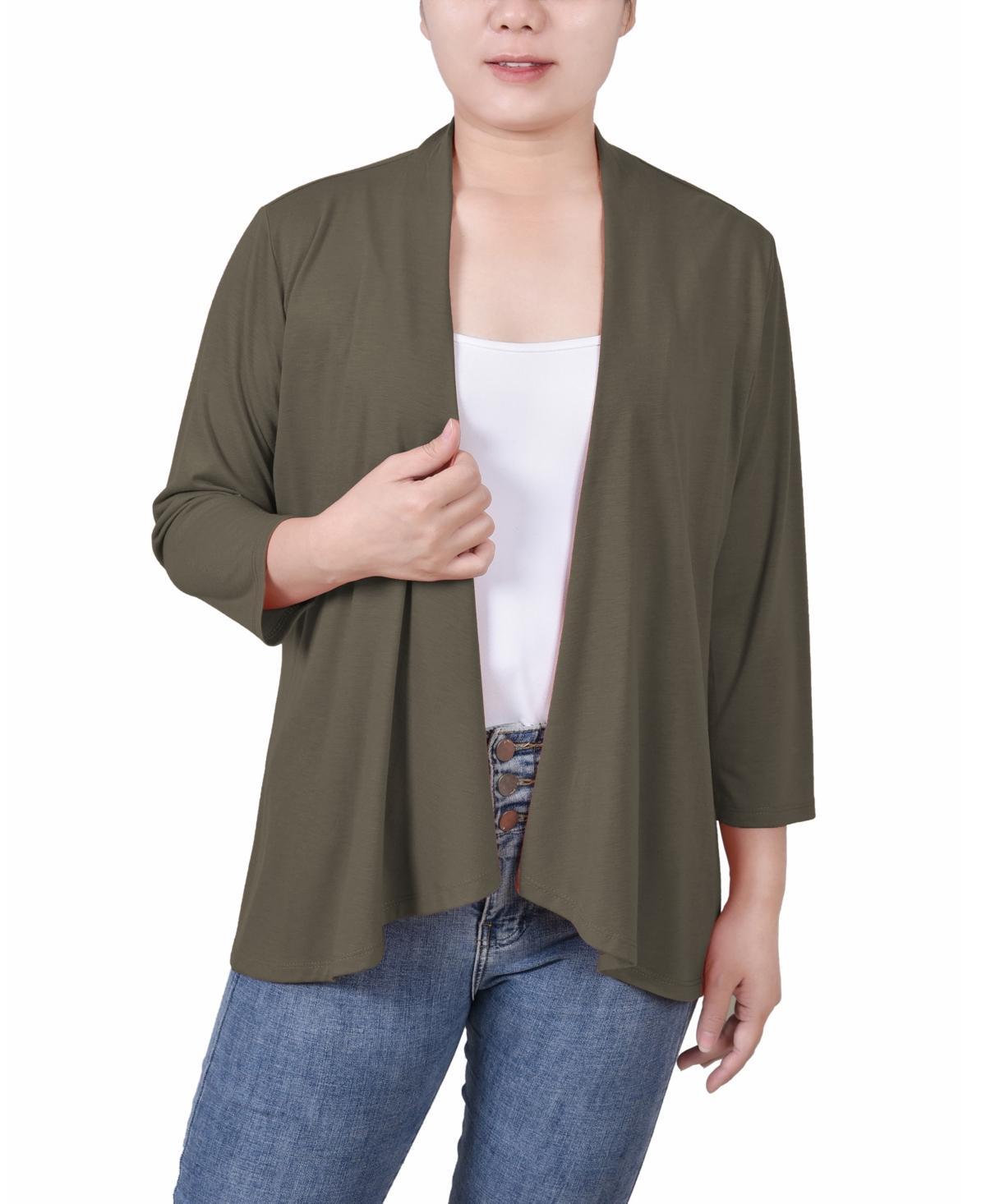 NY Collection Womens Solid 3/4 Sleeve Cardigan -OIL GREEN Product Image