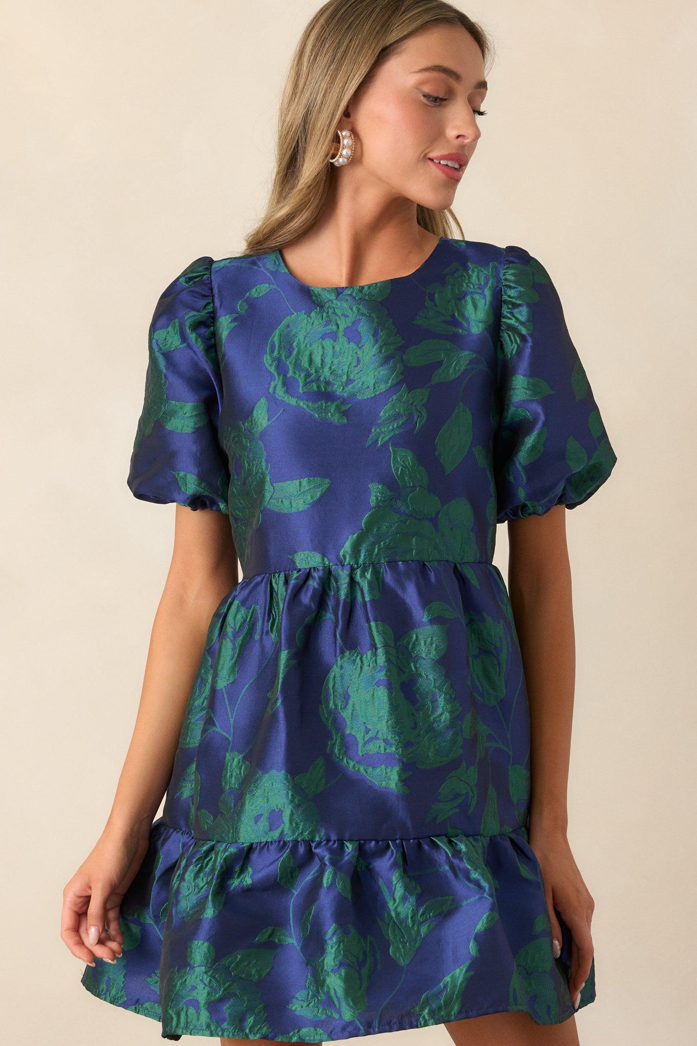 Making It Shine Midnight Blue Floral Jacquard Mini Dress Product Image