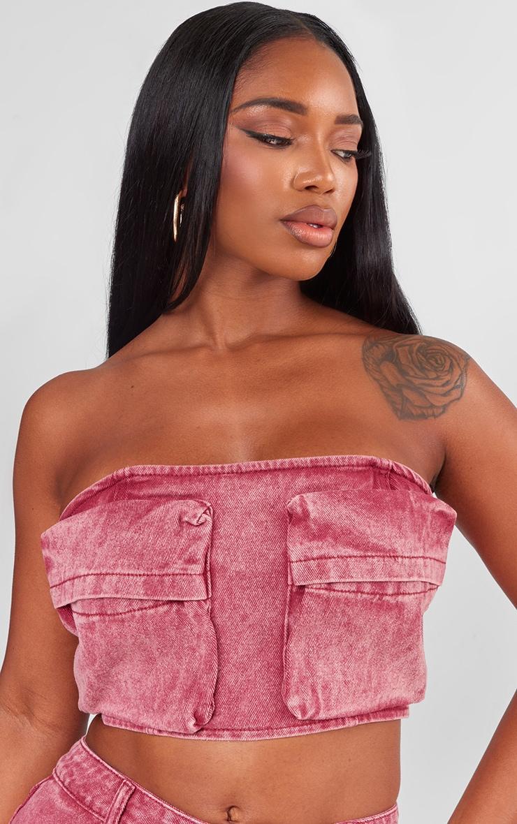 Shape Washed Red Denim Pocket Detail Bandeau Crop Top Product Image