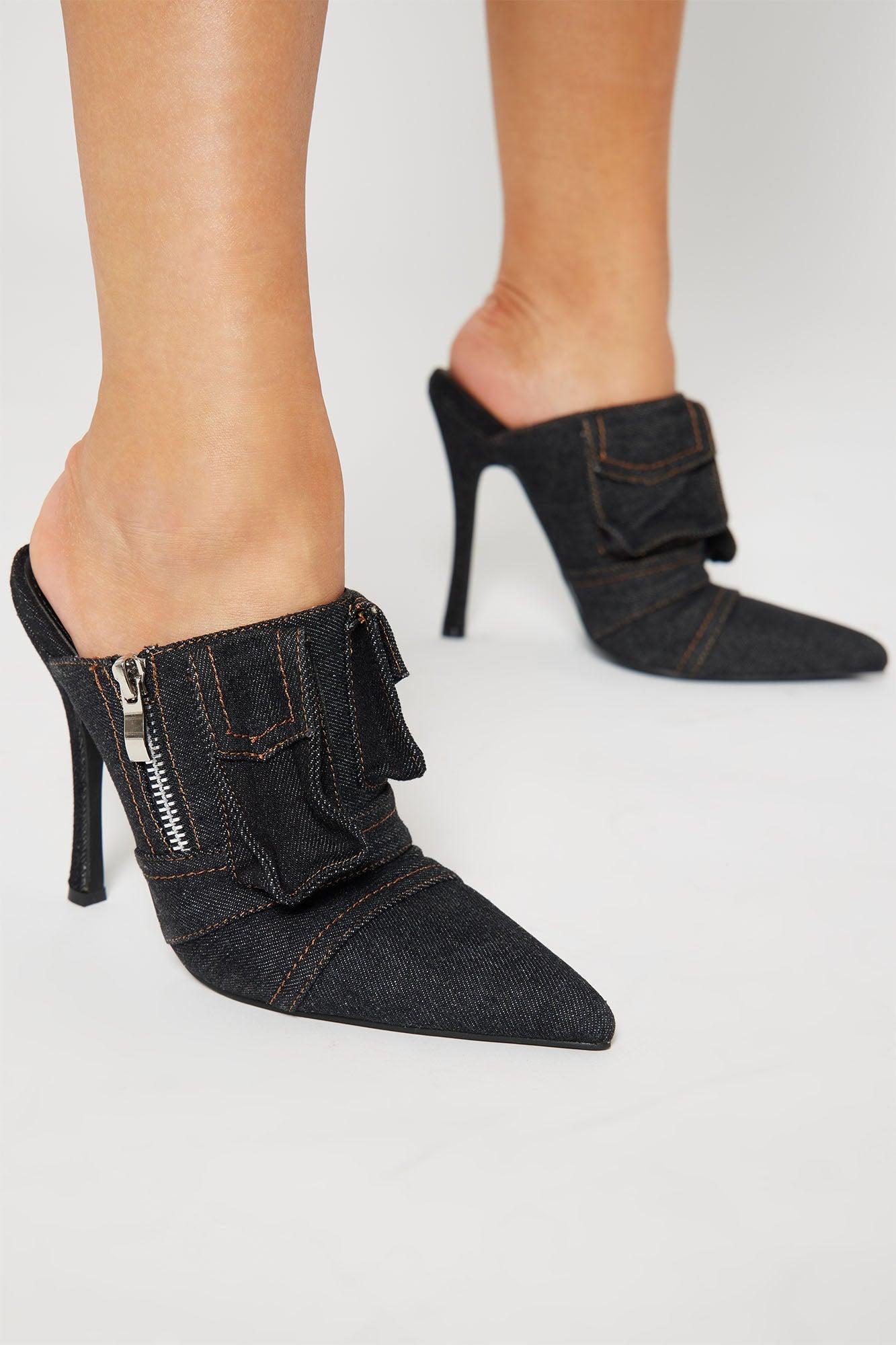 Pia Denim Mule Pumps - Black Product Image