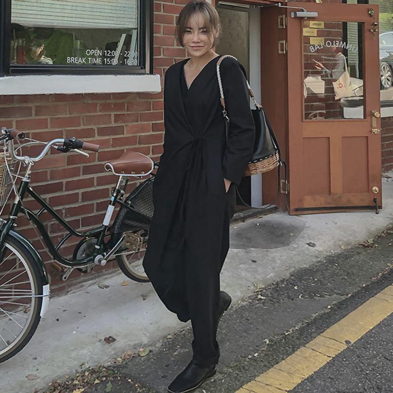 Long-Sleeve V-Neck Plain Loose Fit Jumpsuit Product Image