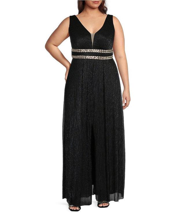 R & M Richards Plus Size Sleeveless V-Neck Rhinestone Waist Dress Product Image