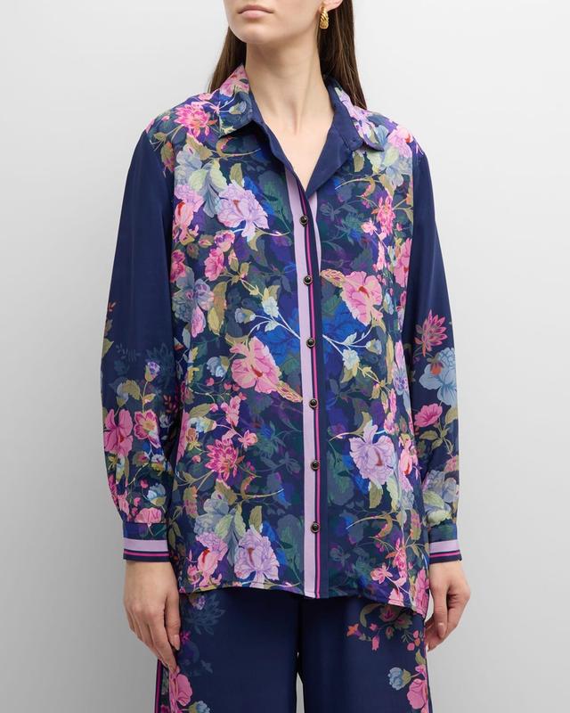 Valeria Floral-Print Button-Down Silk Shirt Product Image