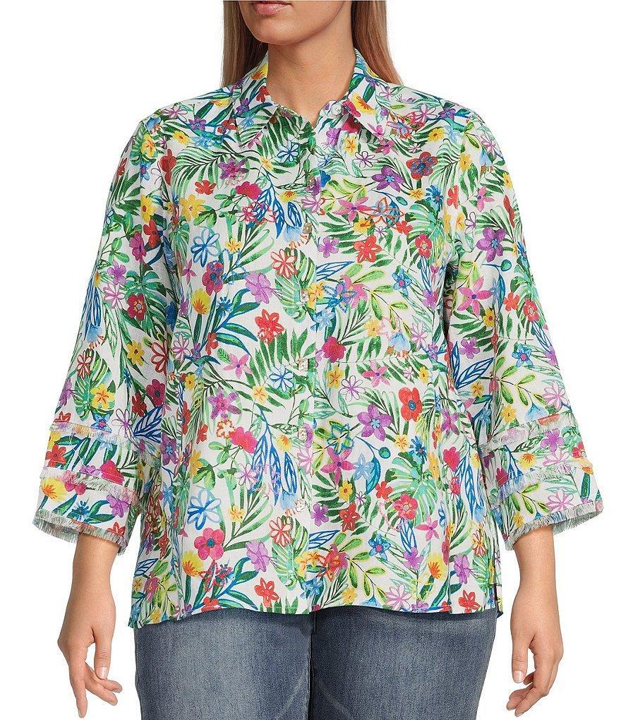 John Mark Plus Size Linen Floral Print Point Collar 3/4 Sleeve Button Front Tunic Product Image