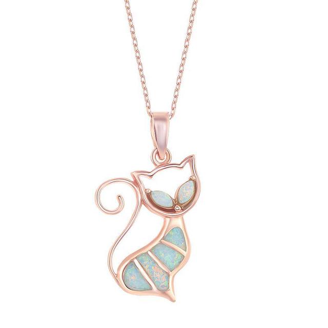 14k Rose Gold Over Silver Lab-Created Opal Cat Pendant, Womens White Product Image