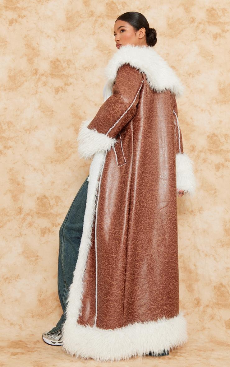 Brown Faux Fur Trim Distressed Faux Leather Maxi Coat Product Image