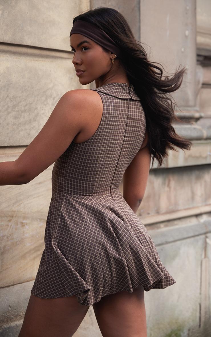 Brown Lace Up Check Shift Dress Product Image