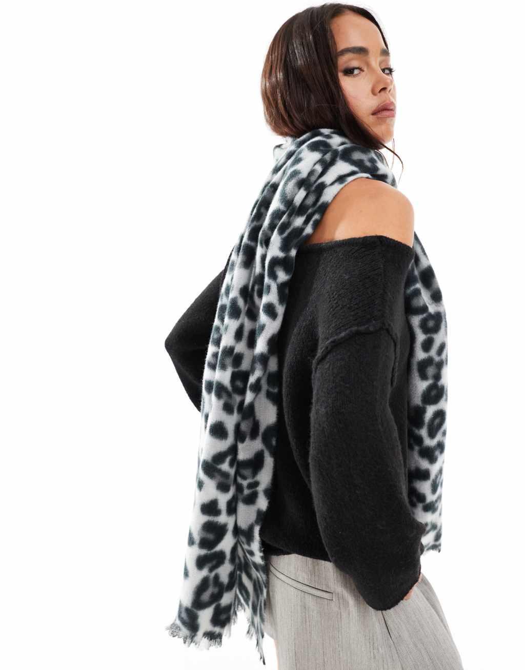 ASOS DESIGN scarf with tonal gray leopard design Product Image