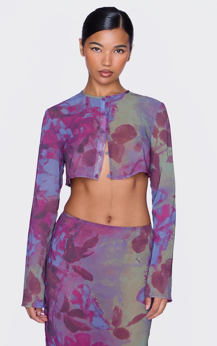 Multi Floral Print Chiffon Cropped Blouse Product Image