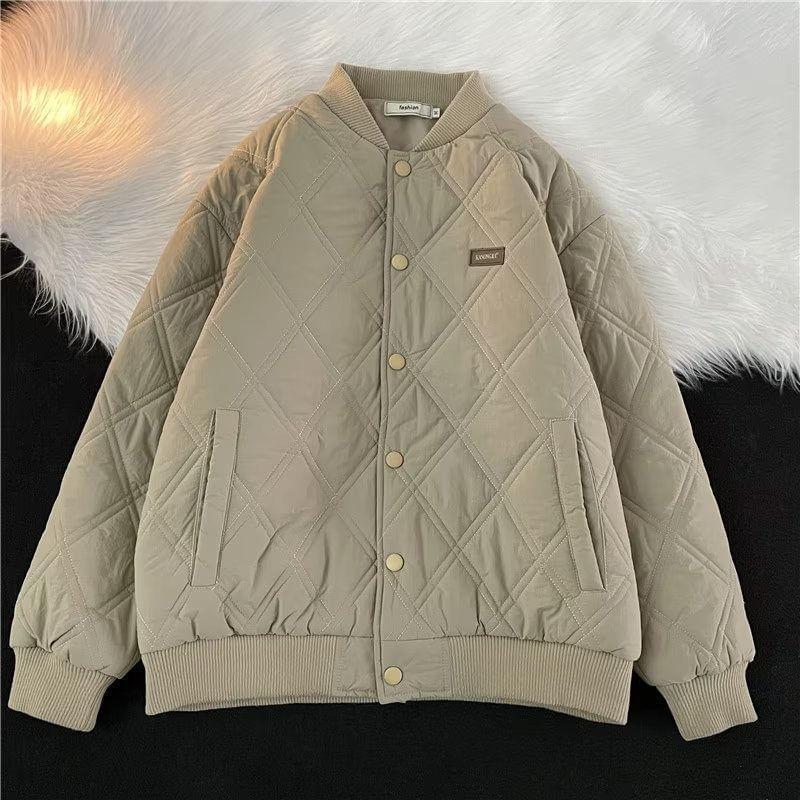 Plain Quilted Snap Button Bomber Jacket Product Image