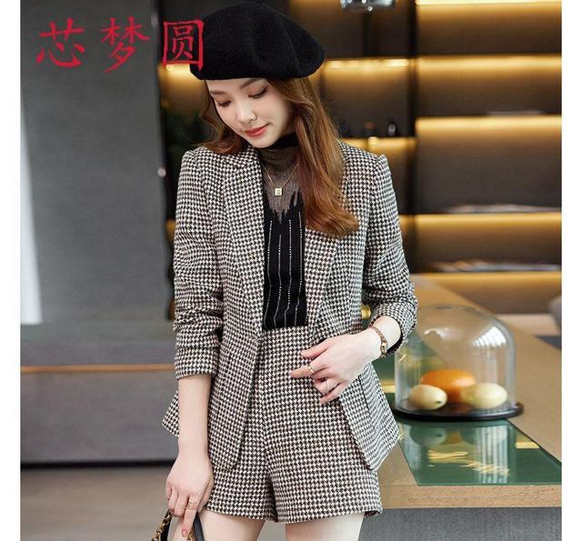 One Buttoned Plaid Blazer / High Waist Dress Shorts Product Image