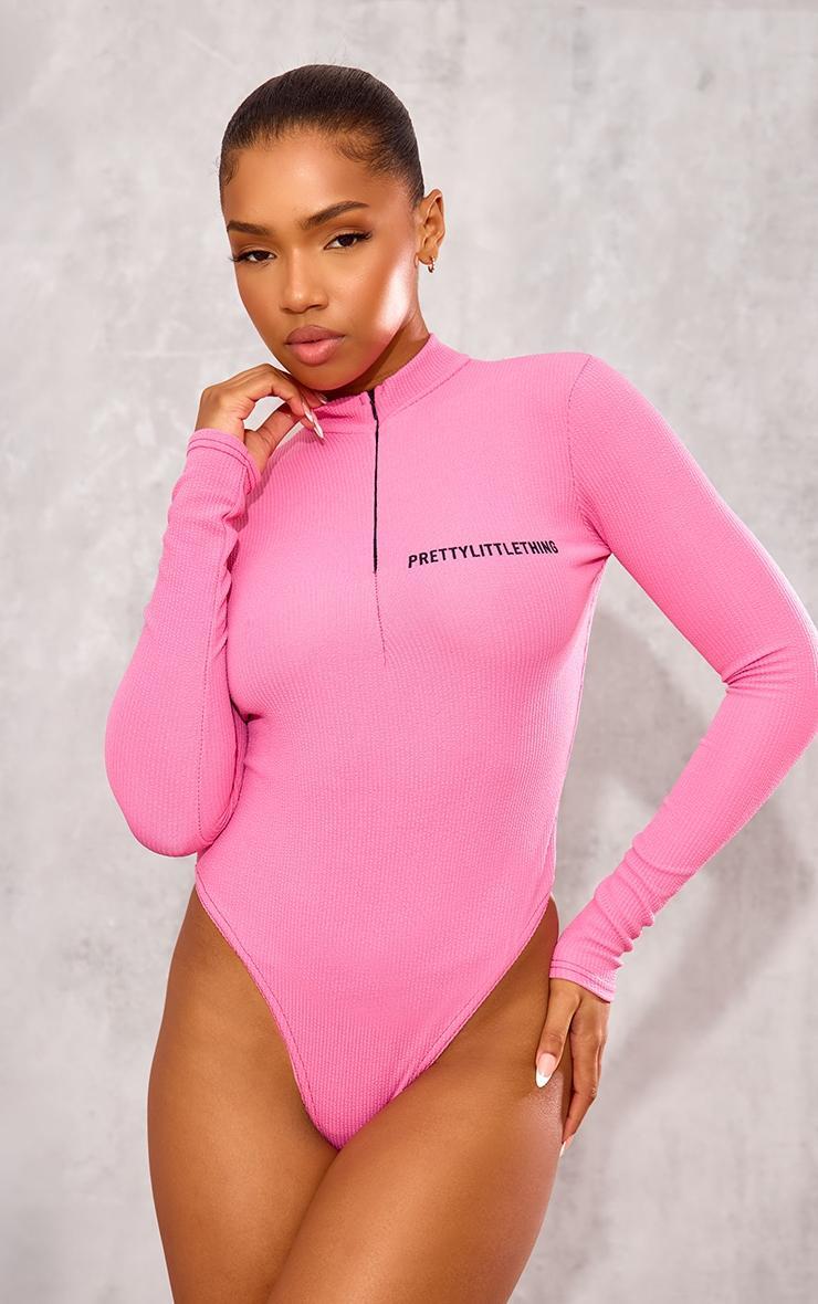 PRETTYLITTLETHING Hot Pink Crinkle Half Rib Bodysuit Product Image