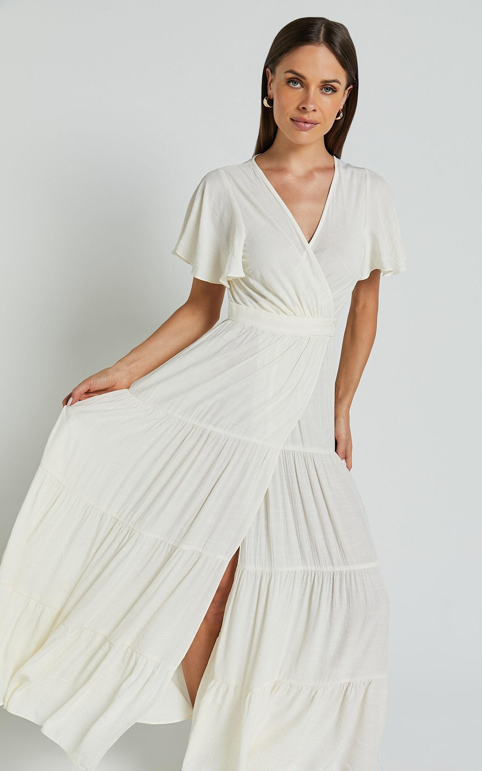 Geneva Midi Dress - Short Flutter Sleeve Wrap Dress in Off White Product Image