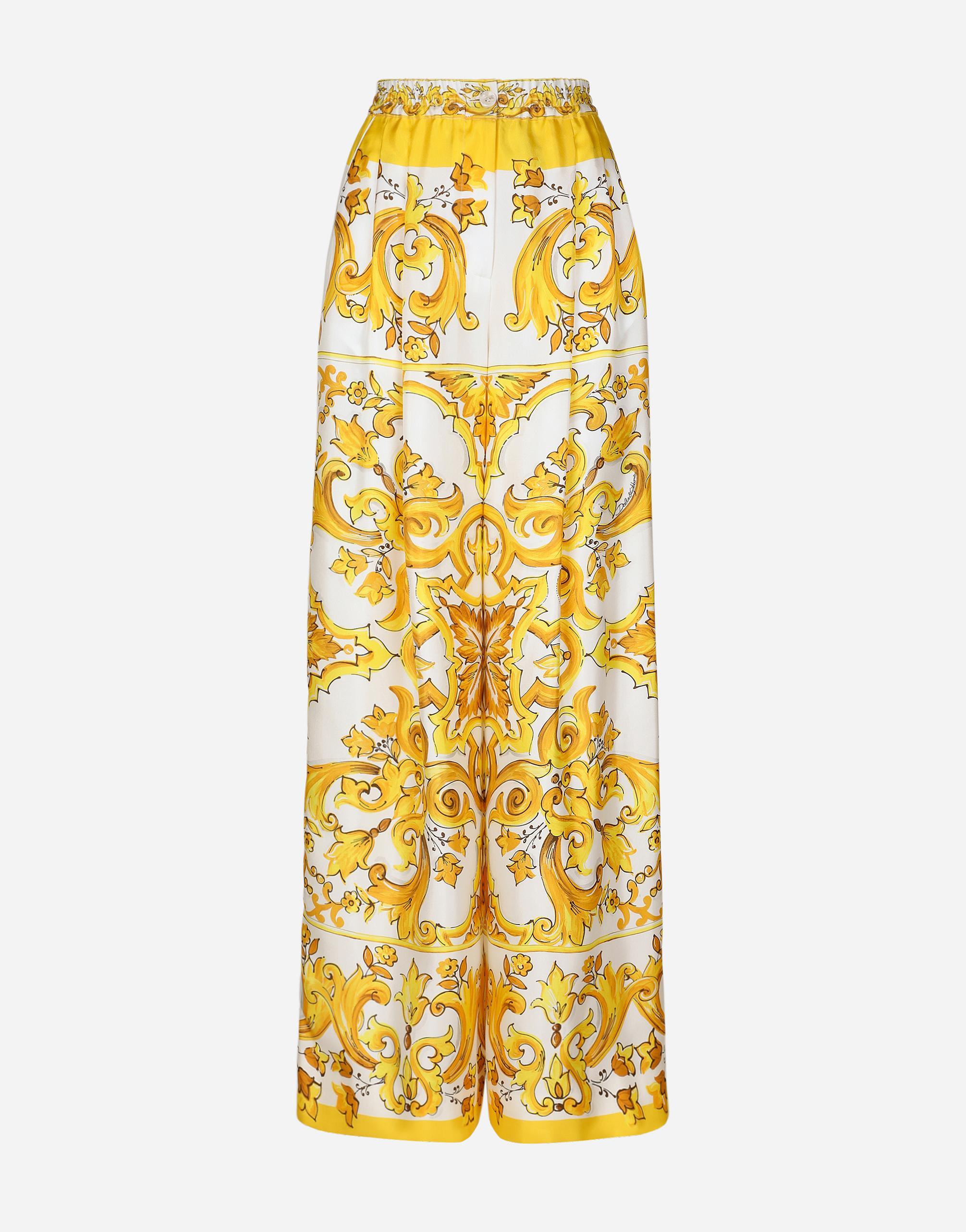 Majolica-print Silk Twill Pants With Elasticated Waistband In Yellow Product Image