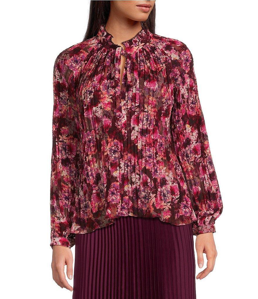 Lucy Paris Feminine Floral Print Split V-Neck Long Sleeve Front Tie Top Product Image