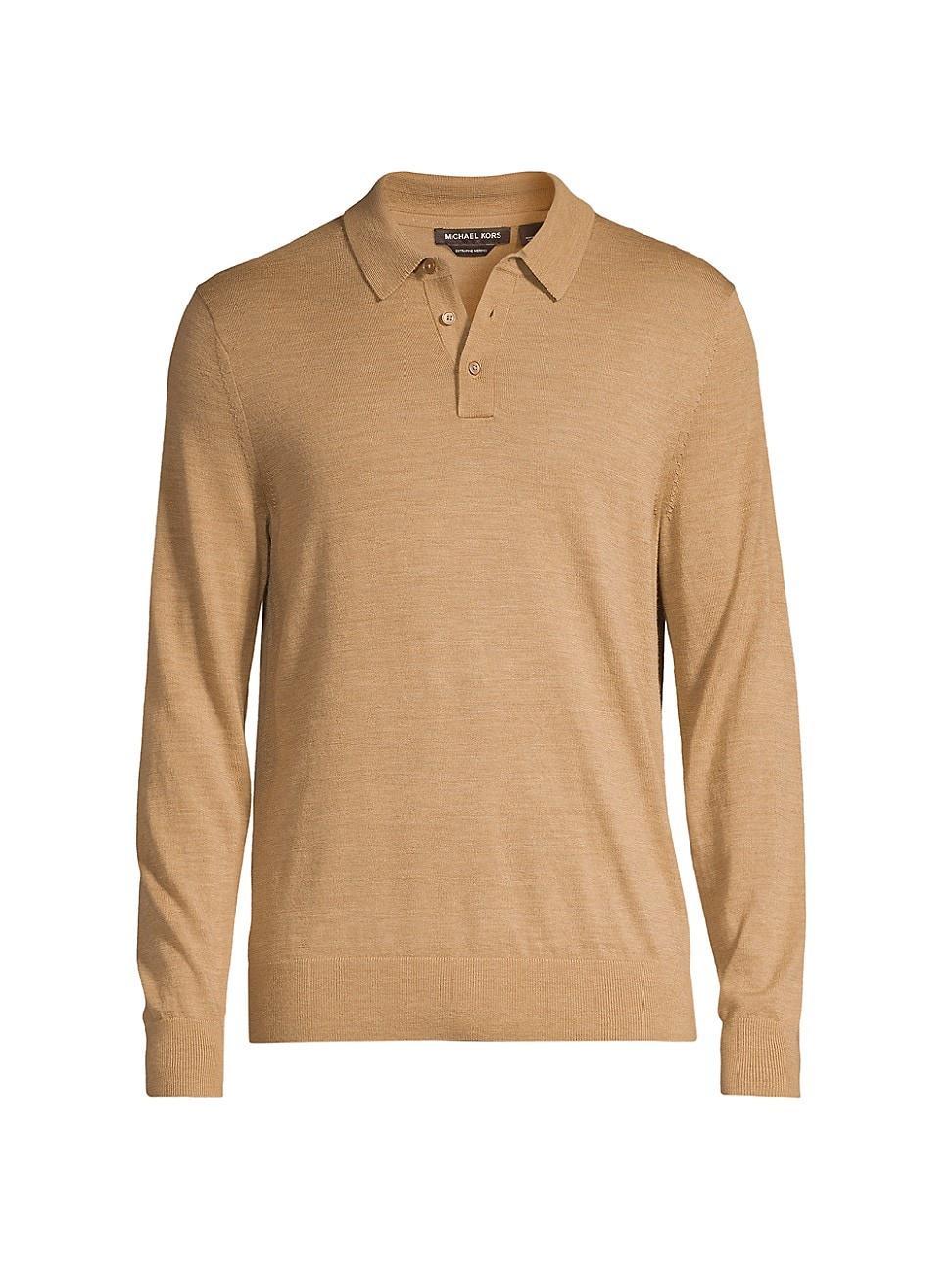 Michael Kors Merino Wool Regular Fit Long Sleeve Polo Shirt Product Image