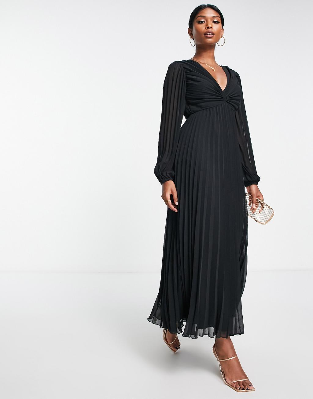 ASOS DESIGN pleated bodice plunge neck midi dress in black Product Image