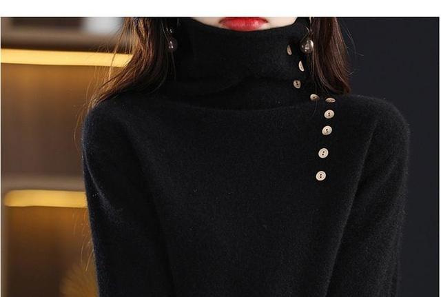 Long-Sleeve Turtleneck Button Accent Knit Top Product Image