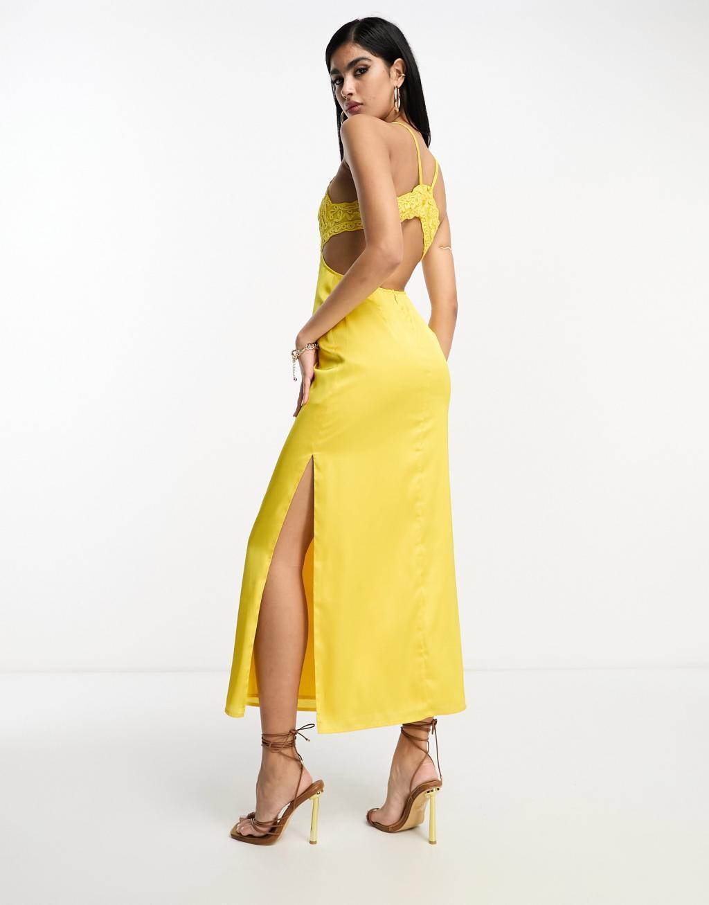 ASOS DESIGN embroidered bodice satin bias midi dress with open back in mustard Product Image