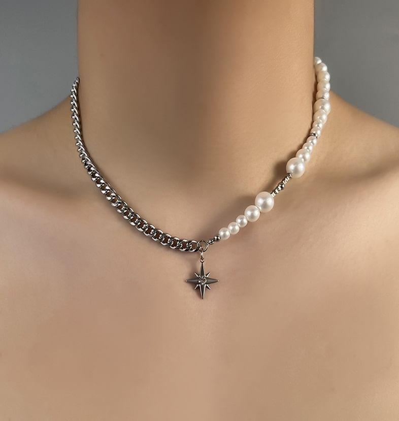 Star Pendant Faux Pearl Stainless Steel Choker Product Image