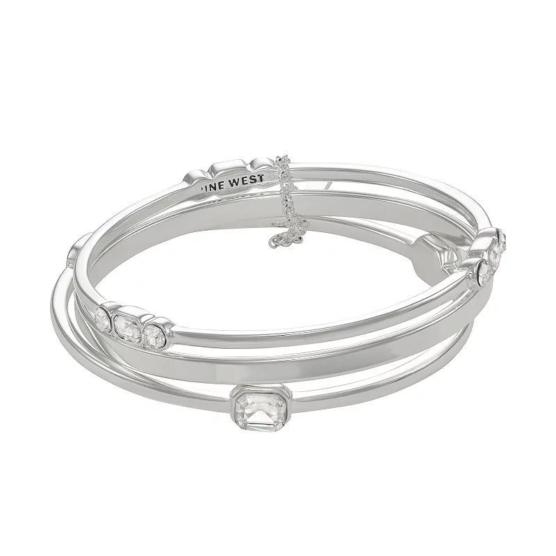 Nine West Silver Tone Crystal Bangle Bracelets Set Of 3, Womens Product Image