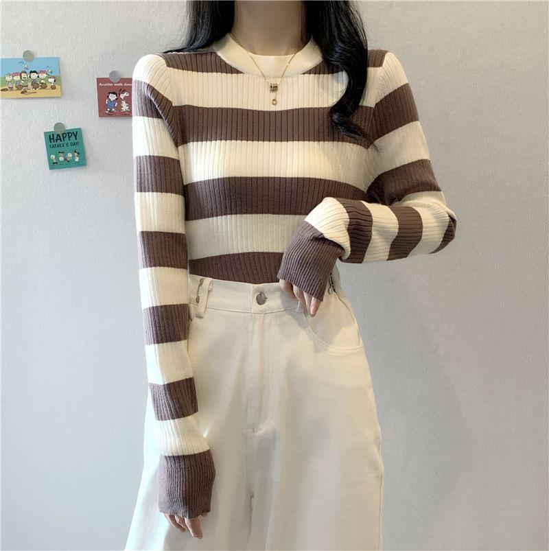 Round Neck Striped Ribbed Sweater Product Image