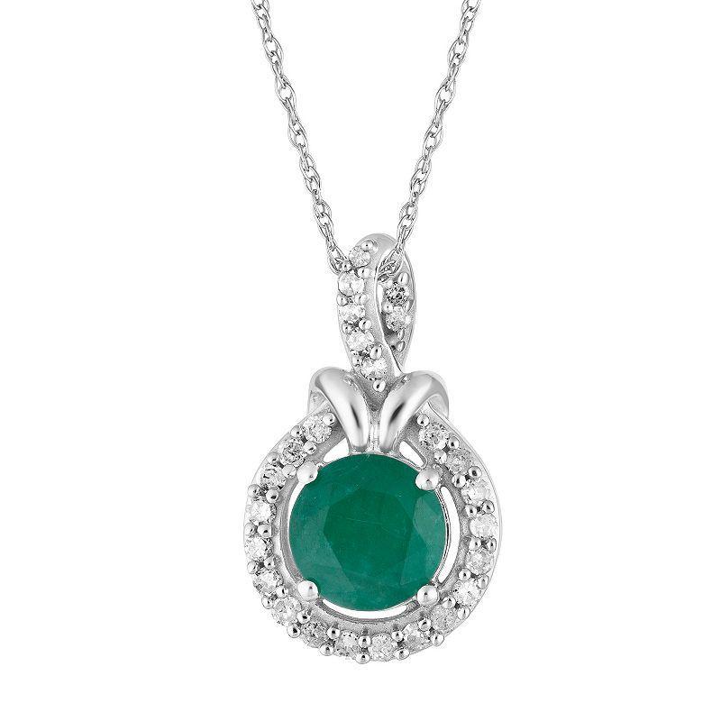 Kohl's 10k White Gold Emerald & 1/6 Carat T.W. Diamond Halo Pendant Necklace, Women's, Size: 18", Green - Size: 18" Product Image