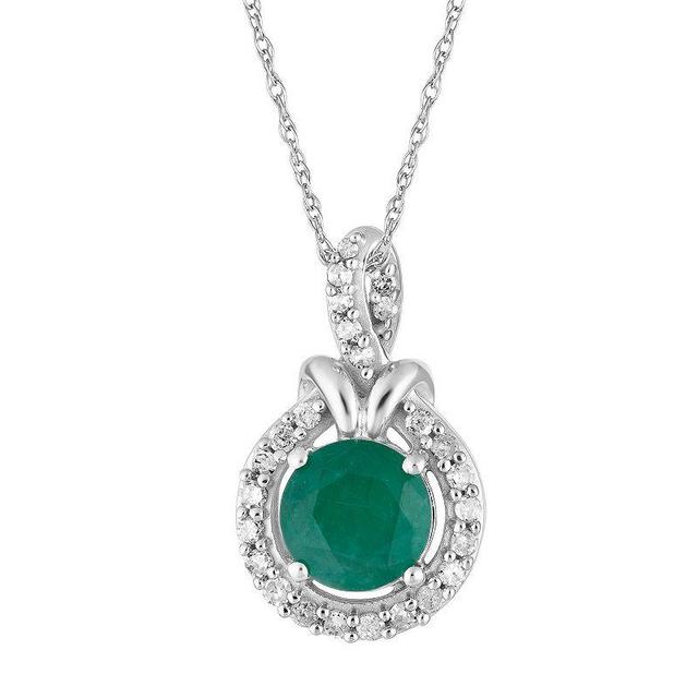 10k White Gold Emerald & 1/6 Carat T.W. Diamond Halo Pendant Necklace, Womens 10k Whgold Product Image