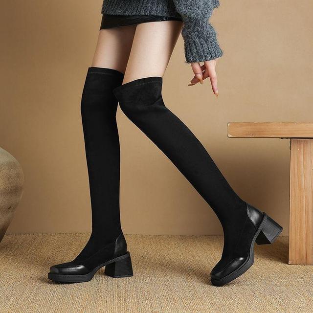 Square Toe Platform Panel Faux Suede Block Heel Over The Knee Boots Product Image