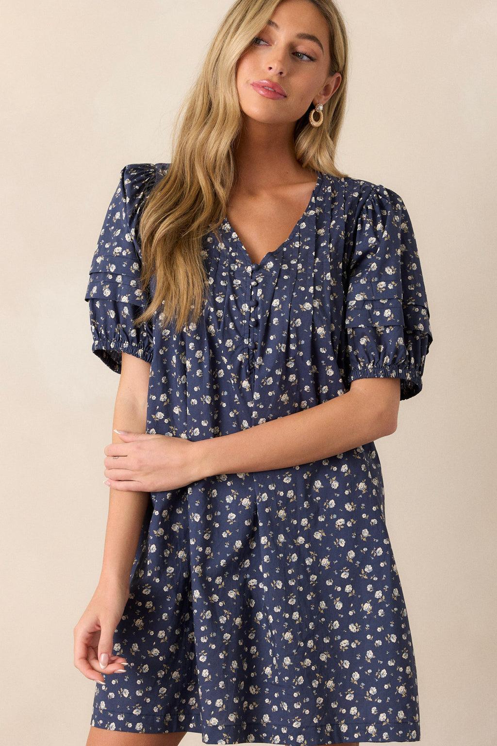 Never Enough 100% Cotton Navy Puff Sleeve Mini Dress Product Image