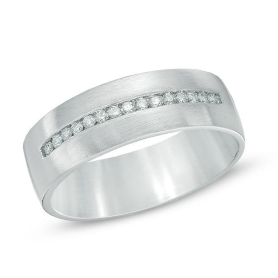 Men's 1/5 CT. T.w. Diamond Satin Finish Wedding Band in 10K White Gold Product Image