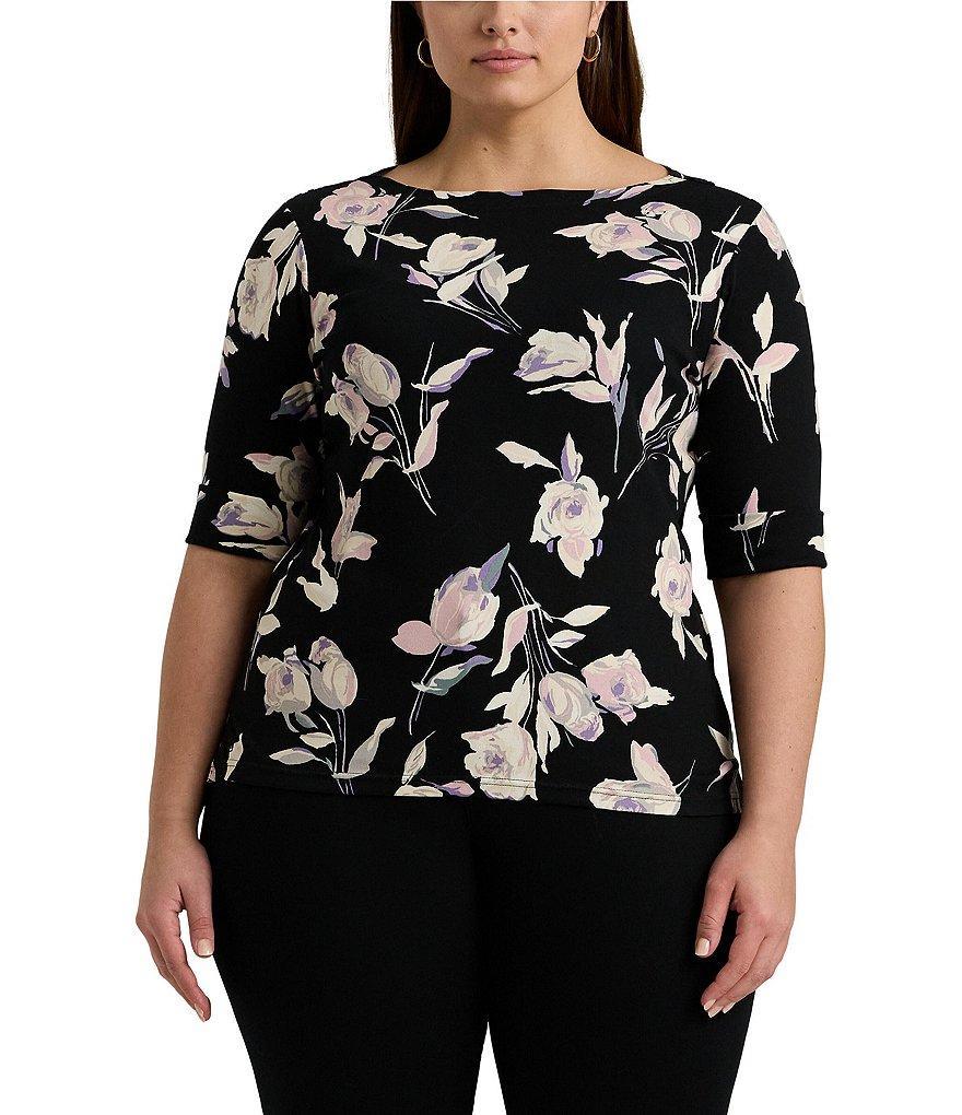 Lauren Ralph Lauren Plus Size Floral Print Stretch Cotton Boat Neck Tee Shirt Product Image