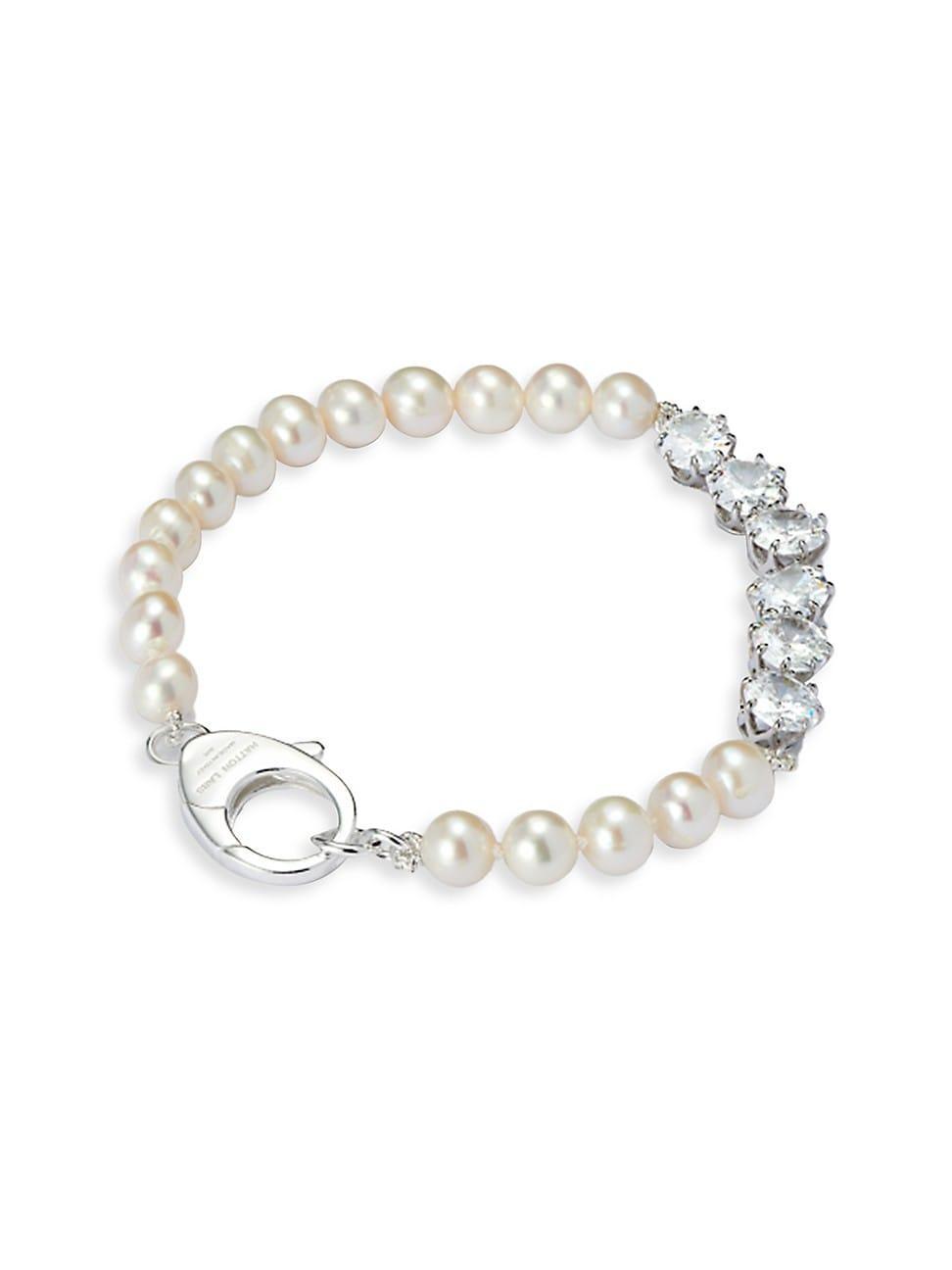 Mens Freshwater Pearl, Cubic Zirconia, & Sterling Silver Tennis Bracelet Product Image