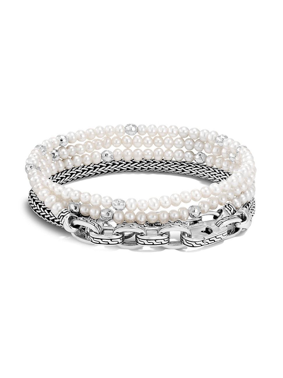 Womens Chain Classic Sterling Silver & Pearl Wraparound Bracelet Product Image